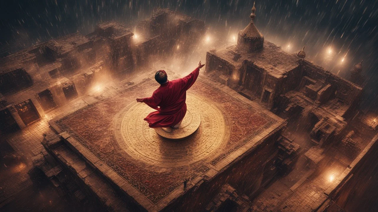 Hyper Realistic photographic-aerial-view Sufi Whirling with Golden & Maroon Islamic Sufi Rustic Grungy Background with thunderstorm at heavy rainy night outside an ancient Islamic architectural building showing dramatic & cinematic ambiance.