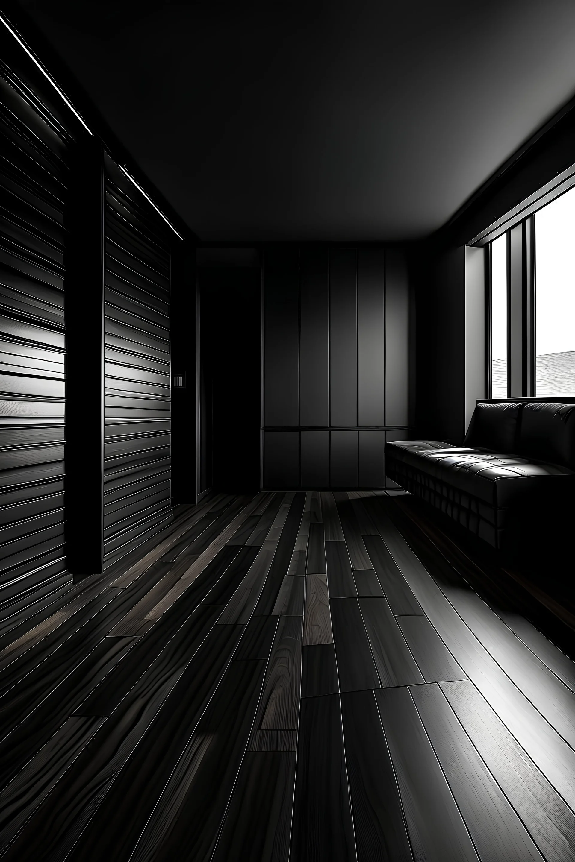 gray ang black room design with wooden floor