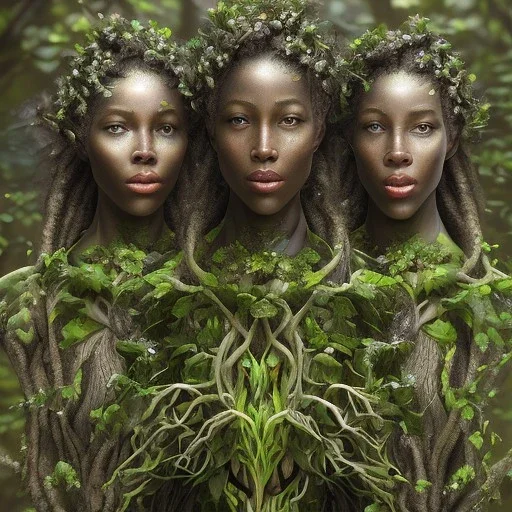 Painting .three women. A mother. Two daughter. Twins. A mother with her children the faces of three young black women. wood nymphs emerging from the forest. Her hair looks like vines. Dreadlocs. Her skin is the colour of dark soil. Her skin looks like tree bark. Her clothing is made of vines, grass and leaves.