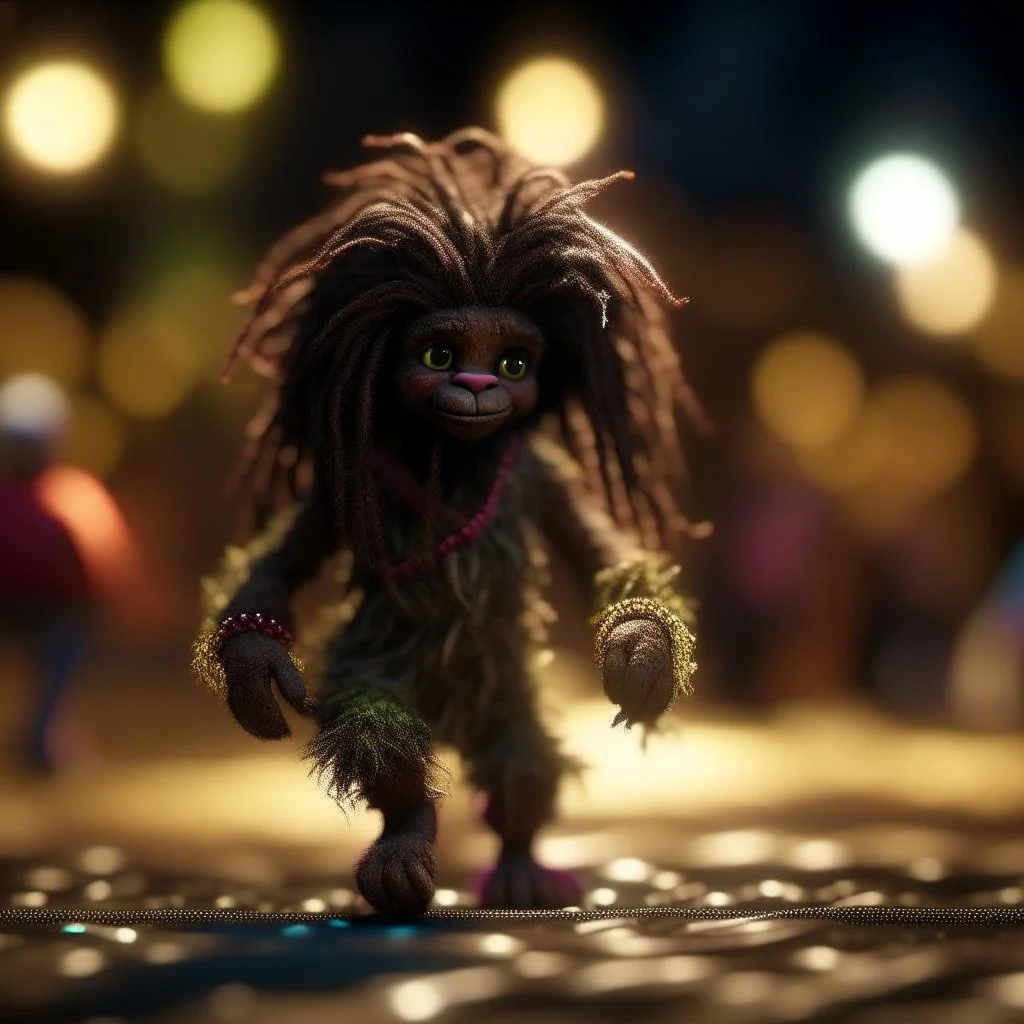 outline, leather hairy pimp groove funk fairy gremlin hippie in running inside big thread mill on beach ,bokeh like f/0.8, tilt-shift lens 8k, high detail, smooth render, down-light, unreal engine