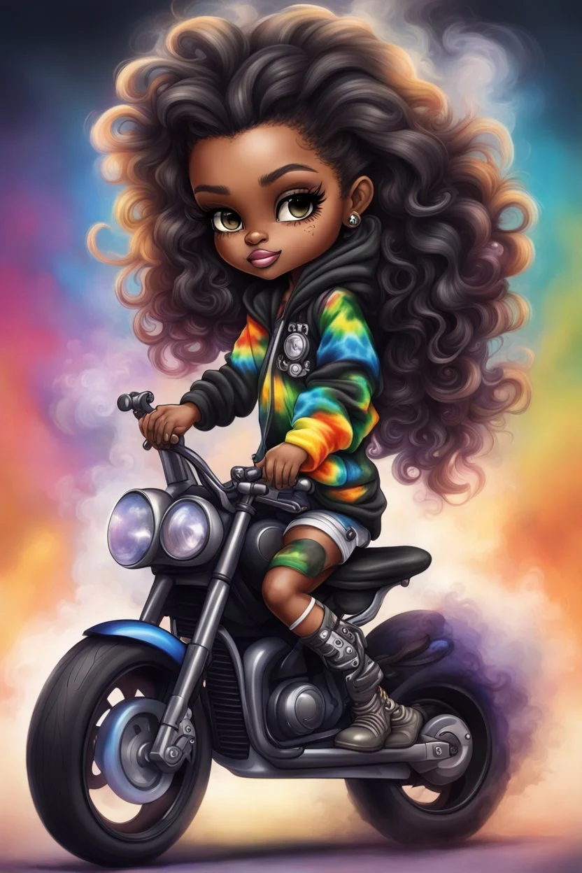 Create an digital airbrush illustration of a chibi cartoon black female wearing tie dye hoodie and black tights and biker boots. Sitting on a colorful sports motorcycle. Prominent make up with long lashes and hazel eyes. Highly detailed long twisted wavy hair blowing in the wind. Background of a bike show and smoke around her.