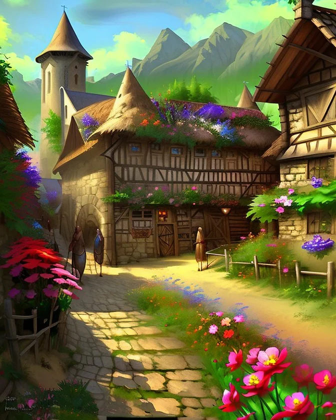 medieval fantasy village with flowers rpg art painterly