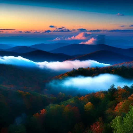 Blue Ridge Parkway, North Carolina and Virginia,aerial view,cloudy,extremely detailed digital painting, high resolution,8k, realistic, beautiful, volumetric lighting, mystical colors ,perfectly centered image, perfect composition, rim light, beautiful lighting,masterpiece, stunning scene, raytracing, anatomically correct, in the style Van Gogh and robert e howard and Ken Kelley and Ohrai Noriyoshi and Simon Bisley and tomzj1.