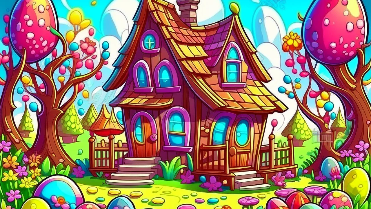 Fantasy cartoon illustration: a colorful little house in the garden full of chocolate eastern eggs