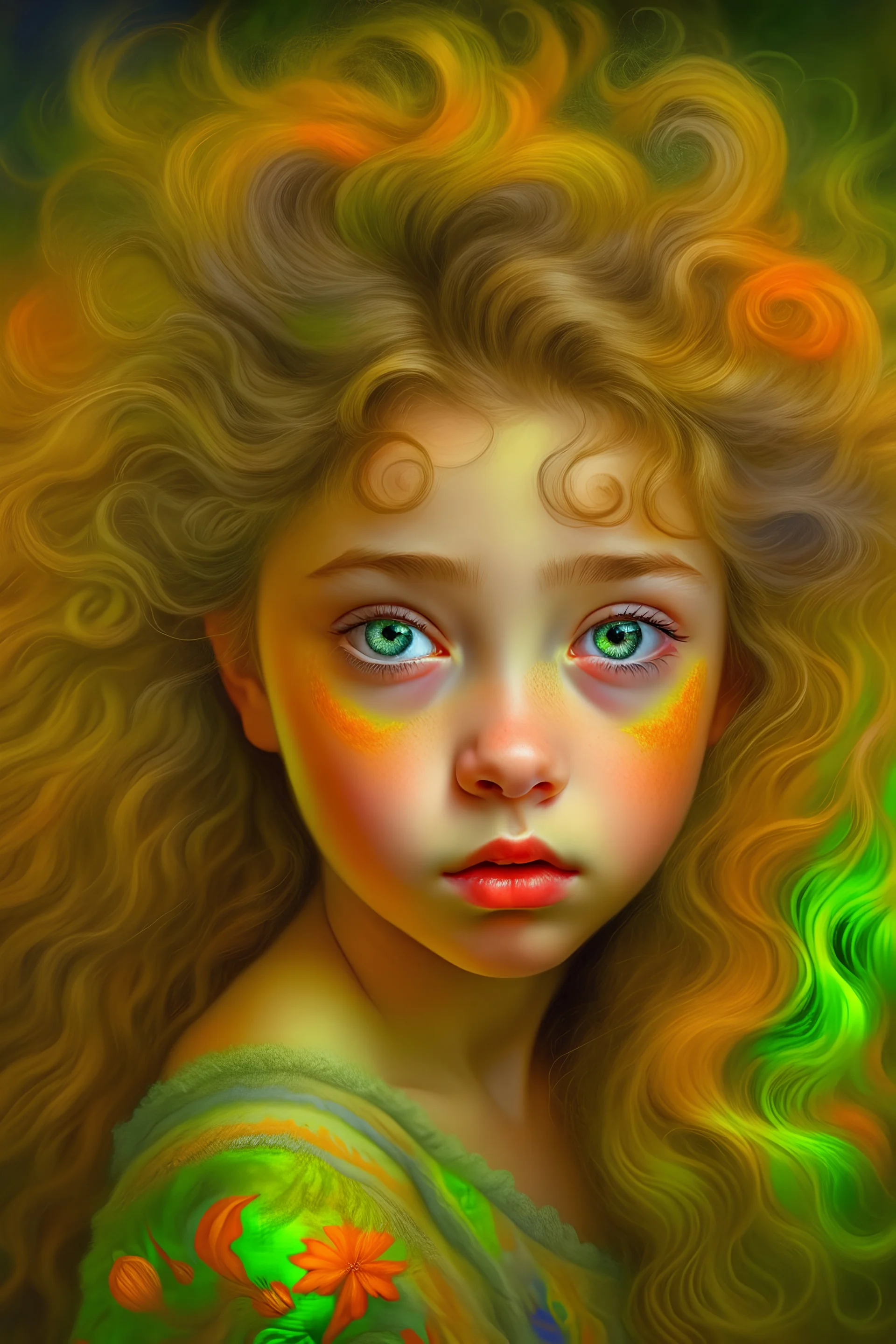 An ethereal portrait of a kid with flowing hair and piercing eyes, created with a mix of beauty and digital techniques, inspired by the works of Alphonse Mucha and Gustav Klimt