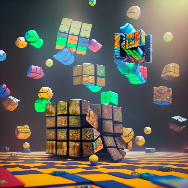 kente scene, thread, Rubik's cube, melt floor, embroidery, octane render, high detail