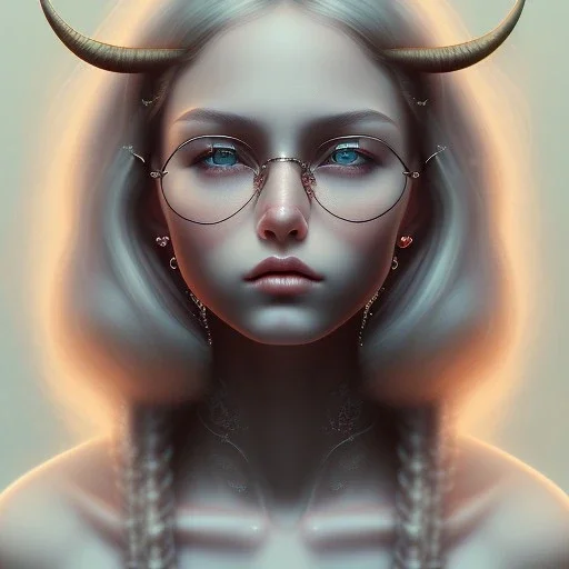 three girls, glasses, portrait, leaning pose, sueter, dead eyes, emotionless face, long white hair, full body, realistic painting, tattoo, intricate detail, cute, small girl, symmetrical, emotionless, big horns,