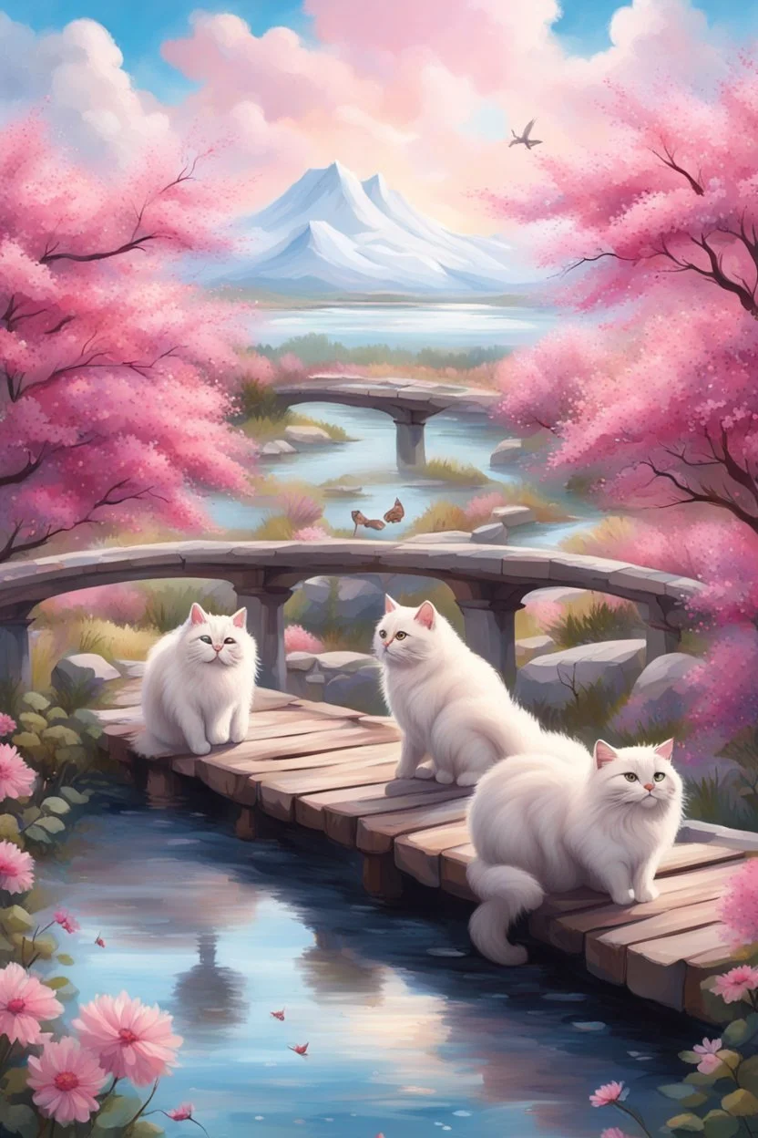 in the center: beautiful chunky cats dancing on a bridge , background: landscape, first plan: pink flowers and a small river with blue water, sky: white clouds with more cats sitting on them, season: winter