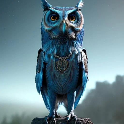 Anthropomorphic blue owl, big green eyes, lots of details, portrait, finely detailed armor, cinematic lighting, intricate filigree metal design, 8k, unreal engine, octane render, realistic, redshift render