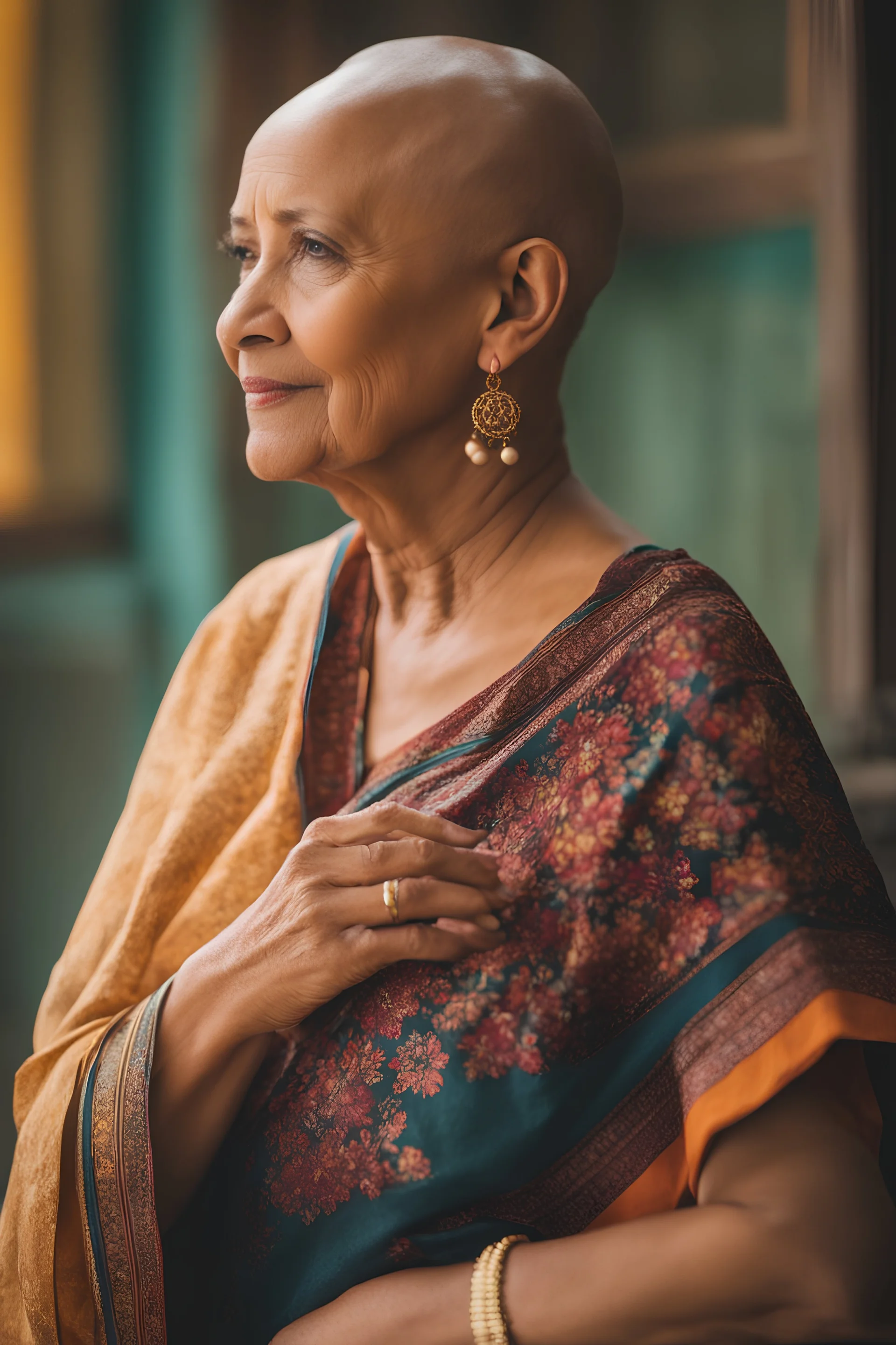 60 years old woman, wise wearing tunic, bald and taking care of many children up to 2 years old