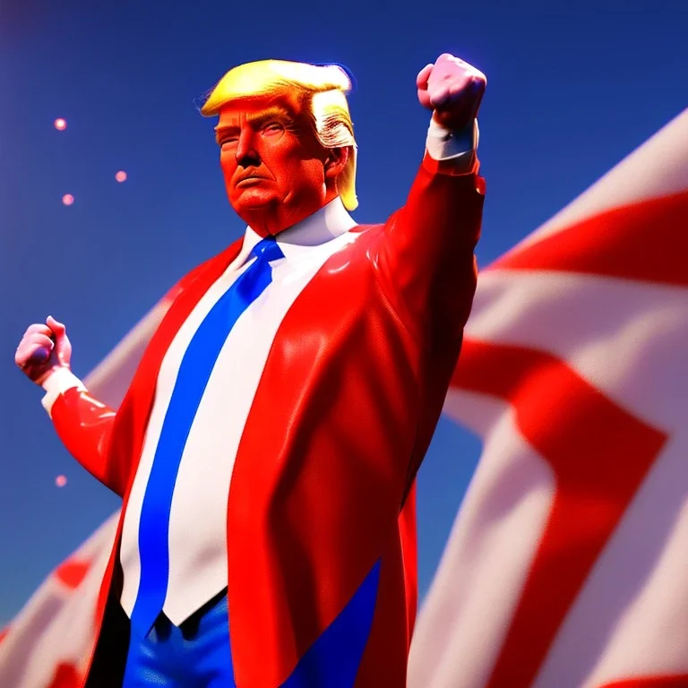 Realistic image of Donald trump super hero, retro style, watchmen style, red white blue colors, white stars, suspenders, latex material, 80s, vibrant color, highly detailed, sky background, concept art, unreal engine 5, god rays, ray tracing, RTX, lumen lighting, ultra detail, volumetric lighting, 3d, finely drawn, high definition, high resolution.