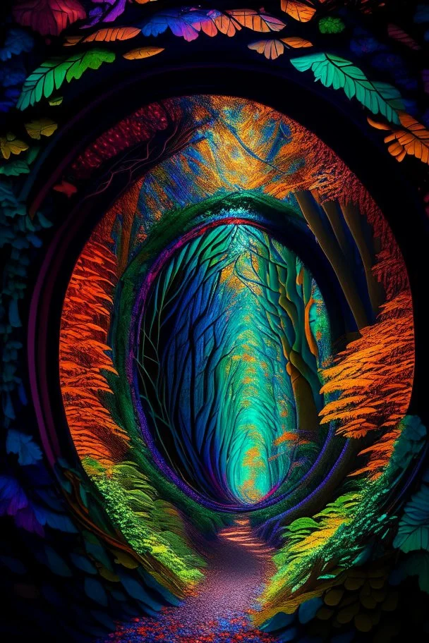 In the heart of an untouched 8K high-definition primeval forest, a mesmerizing kaleidoscope of colors unfolds within a timeless tunnel, creating a vivid gateway to another dimension. The rich hues of nature paint the scene, as if time itself is woven into the very fabric of the lush surroundings.