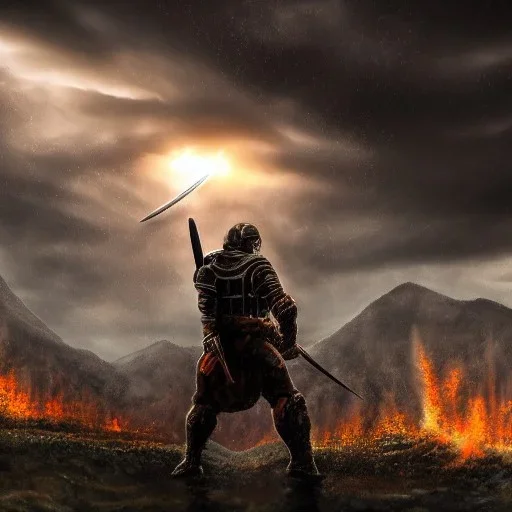 Sword soldier. doom scenary. Heavy rain. Epic Lighting in the sky. Falling object from the sky. Meteorite burning in the distance.