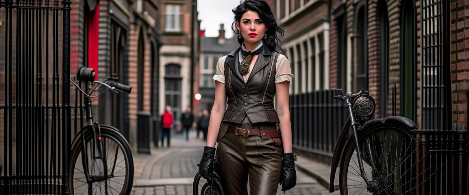 full-height portrait of a woman with straight shoulder-length black hair, with metal arms and legs, dressed in leather trousers, and a waistcoat, in a Victorian street next to a steampunk bike