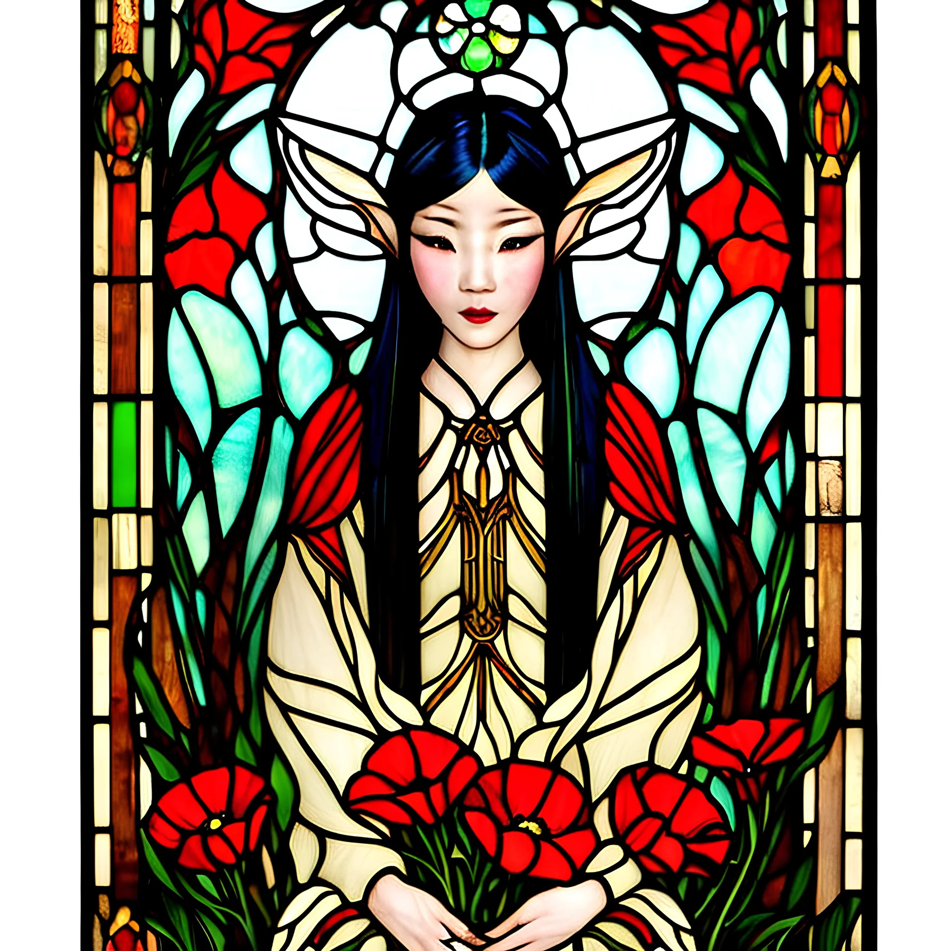 Stained Glass Art Nouveau art style A beautiful as a model asian woodland elf princess who looks like a young Lucy Liu seated on a throne surrounded by poppies in a mystical forest, photo-realistic