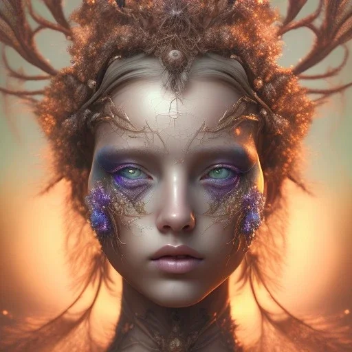 Portrait of beautiful girl, face dept of field,face shining, plant, metal, feathers,central weight average,Laplacian filt CWA Dryad,Median filter fae, sidhe, ominous, nature, plants, wildflower sparkle,wildflower 3d view, facepaint, dnd character portrait, intricate, oil on canvas, masterpiece, expert, insanely detailed, 4k resolution, retroanime style, cute big circular reflective eyes, cinematic smooth, intricate detail , soft smooth lighting, soft pastel colors