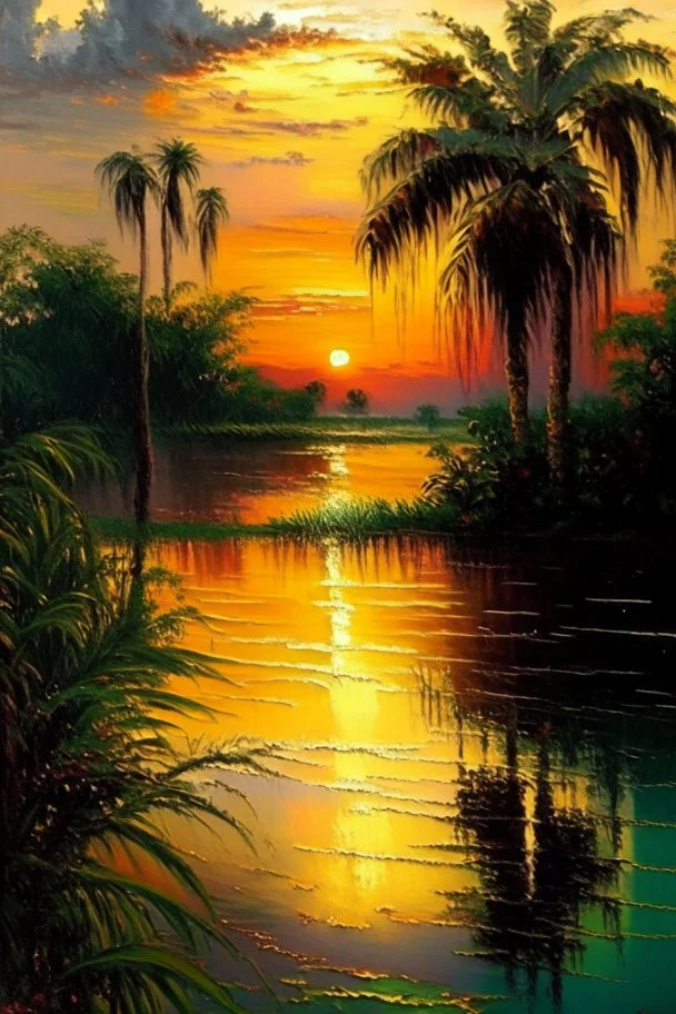 Tropical landscape oil painting, detailed Claude Monet, detailed, sunset