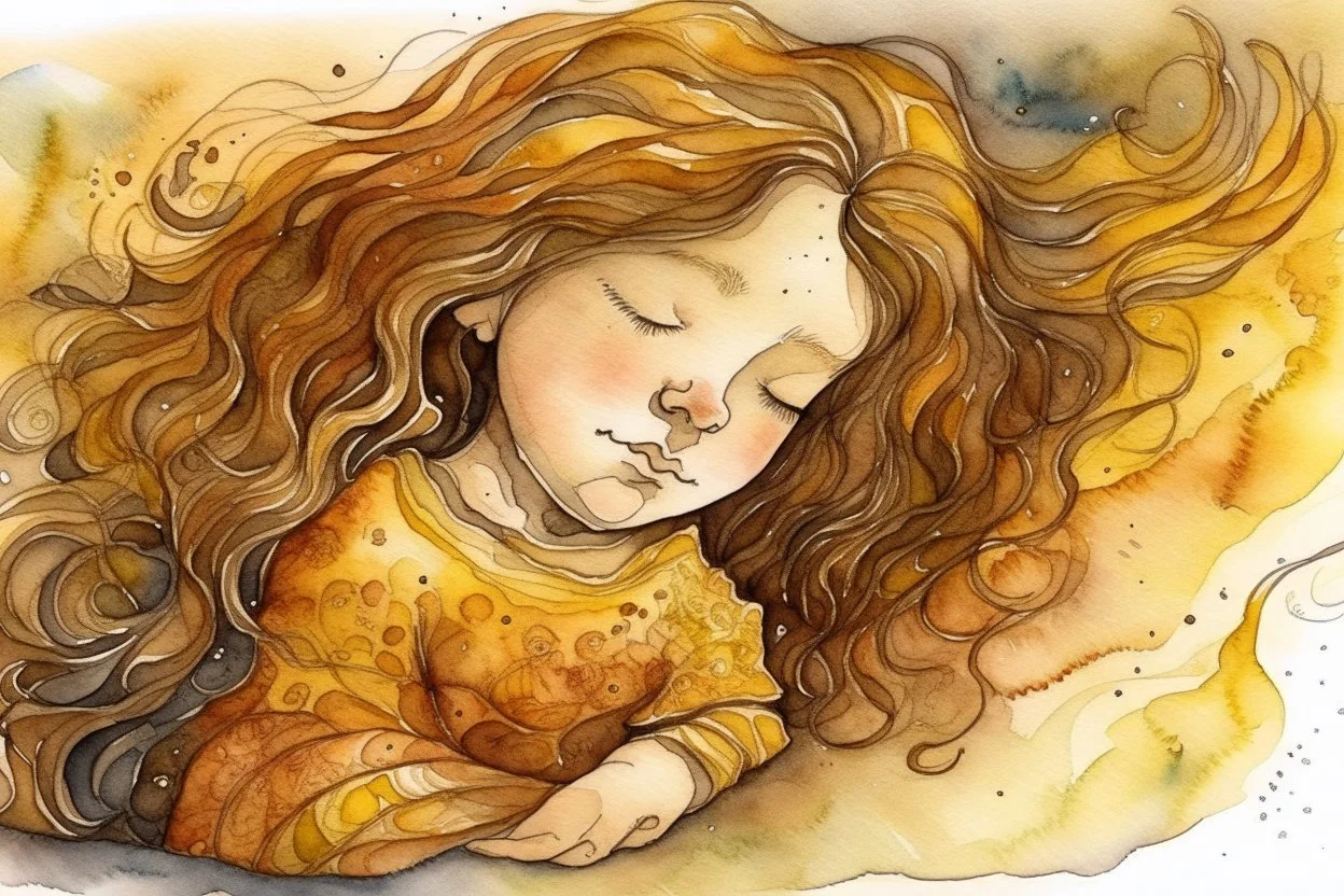 Small girl with long curly brown hair sleeping in god's hand (a big, clear hand) watercolor and ink, golden patina, glitters in ochre, backlit, mist and fog