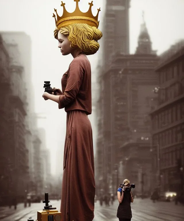 Statue of Queen of photography. Cute blonde woman. Photographer in golden crown. Standing on the street. Big camera in her hand. hyperdetailed, photorealistic, trending on artstation, greg rutkowski, beksinski, kodachrome