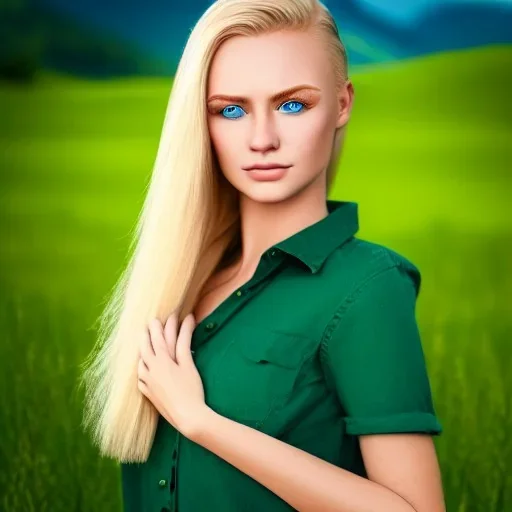 beautiful young blond Swiss girl standing in green field, mountain, sun, wearing blue shirt over, open arms, realistic eyes, blue eyes, unreal engine, photograph, realistic skin texture, photorealistic, hyper realism, highly detailed, 85mm portrait photography