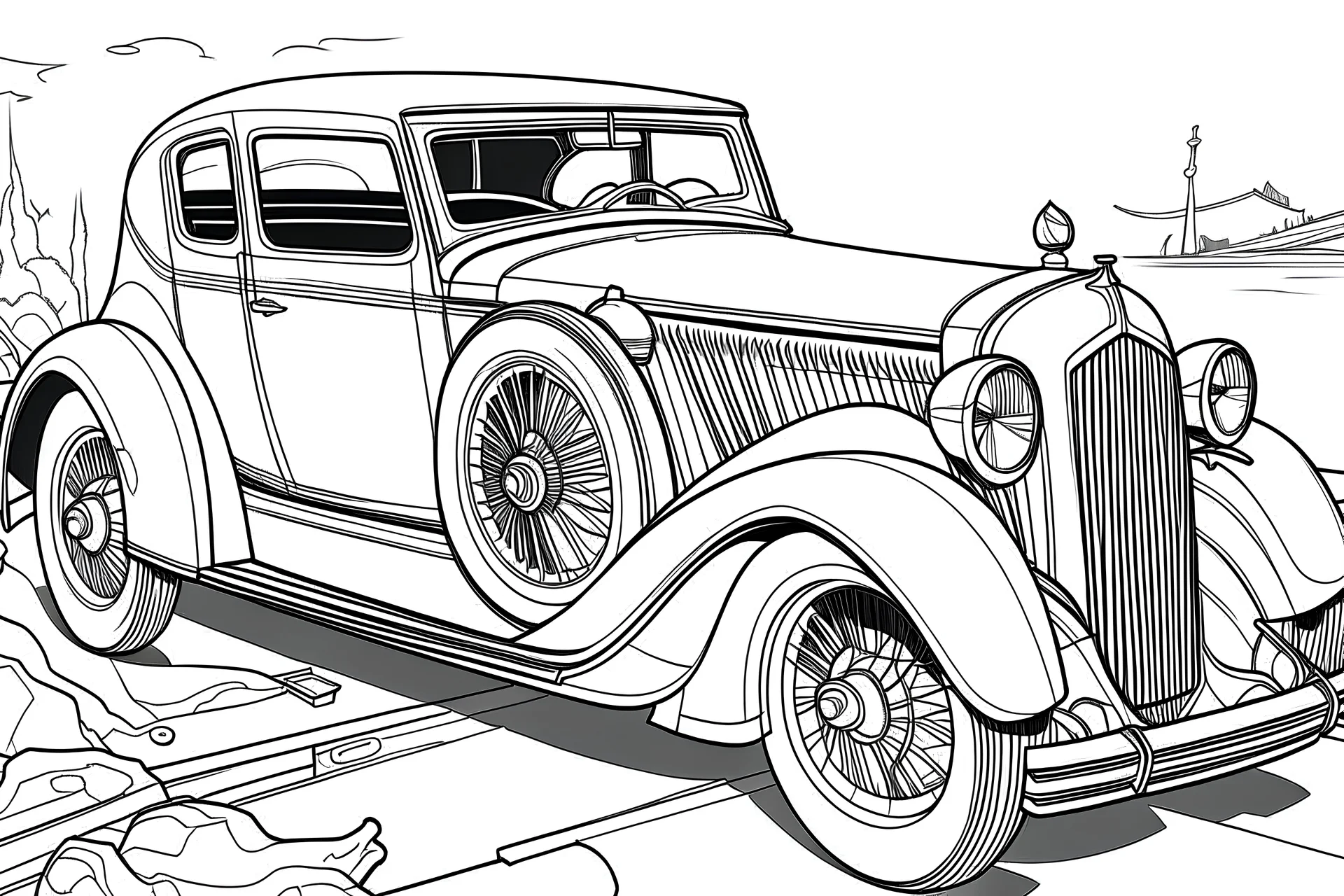 1935 Duesenberg SJ LA Phaeton Coloring Book, white background, kawaii style cartoon coloring page for kids, cartoon style, clean line art high detailed, no background, white, black, coloring book, sketchbook, realistic sketch, free lines, on paper, character sheet, 8k