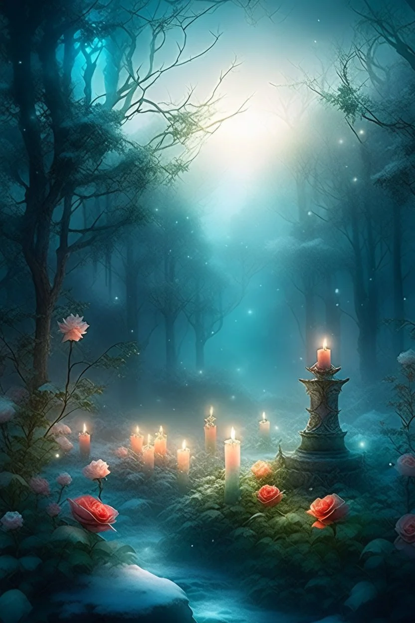 CANDLES ARE BURNING IN A WONDERFUL CLEARING IN A MAGICAL FOREST, THE NIGHT IS FULL MOON, SNOW, MAGIC 77. Watercolor, double Chinese rose bush, ultra-detailed, morning, rain, greenery, beautiful landscape, fog, many details, delicate sensuality, realistic, high quality, 3d, work of art, hyperdetalization, filigree, foggy haze background, hyperrealism, professional, transparent, delicate pastel tones, back lighting, contrast, fantastic, unreal, translucent, glowing, clear lines, epic fabulous, fab