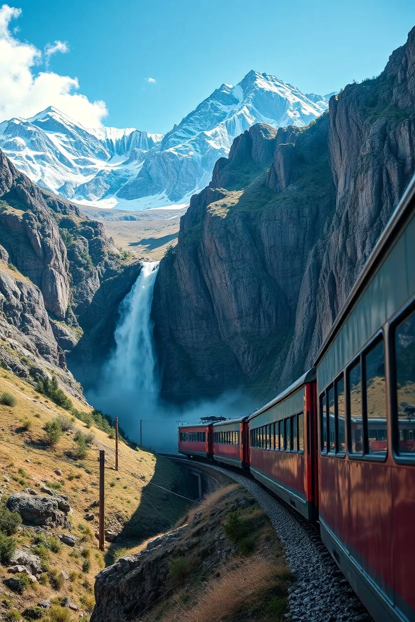 A waterfall in a stunning mountain landscape, mountain gorge, bright color palette, high detail, perfect composition, gcinematic shot, intricate details, hyperdetail.the train collide with the anther train