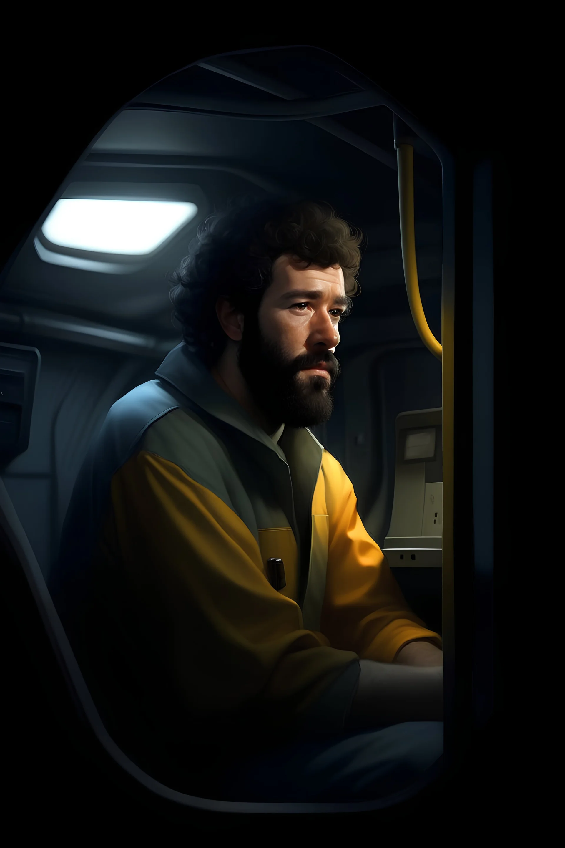 Portrait of Slane a man with curly dark hair and thick curly beard in coveralls working as a new hire in a submarine sitting in a dark cargo bay, realistic grimdark