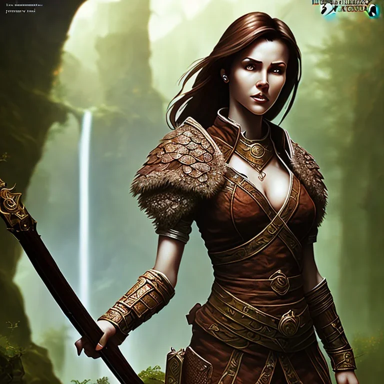 dungeons and dragons, female human, druid, brown hair, brown eyes, full body, realistic face, short hair, hair tied back, large nose, closed mouth