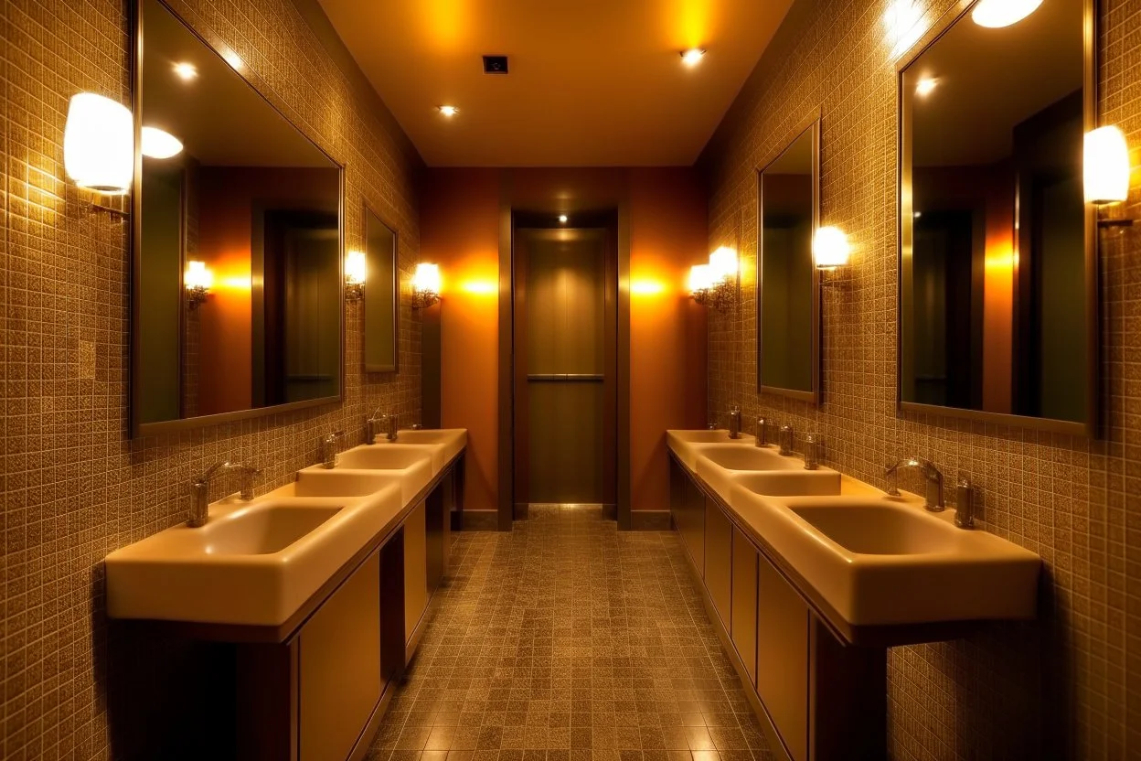 Pictures of a group of bathrooms in Mathaf Restaurant. The walls and floors are colored in brown tones