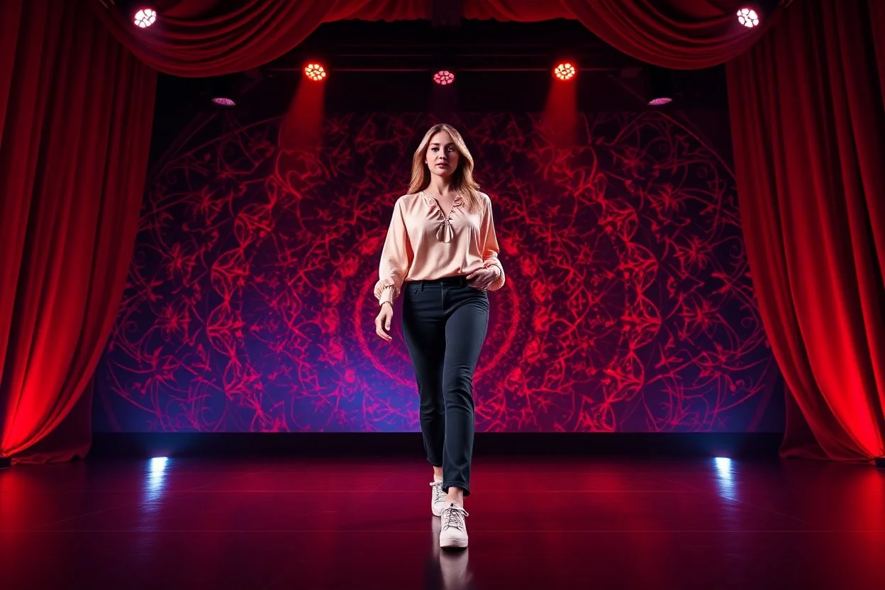 modern stage with dark red theme artistic decoration , color full dynamic lighting, a beautiful lady in pants and blouse with shining silver jewels sport shoes walking to camera, 3D recursive fractal structure animating background