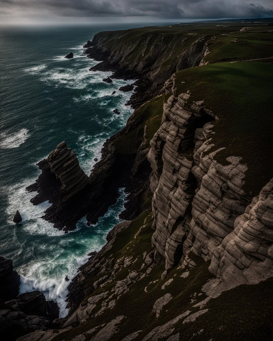IN THE RENAISSANCE STYLE, look down at the ocean rocks below as you climb high into the bluffs of ireland. holding on to the cliff face, the ocean below storms and swirls around a giant whirlpool