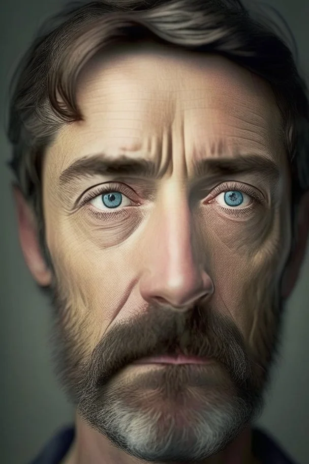 portrait of a human about forty years old, severe and attentive look, short light hair, aquiline nose, short beard and mustache,