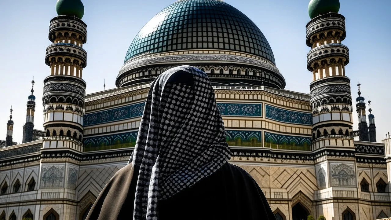 A woman wearing a keffiyeh holds the Dome of the Rock