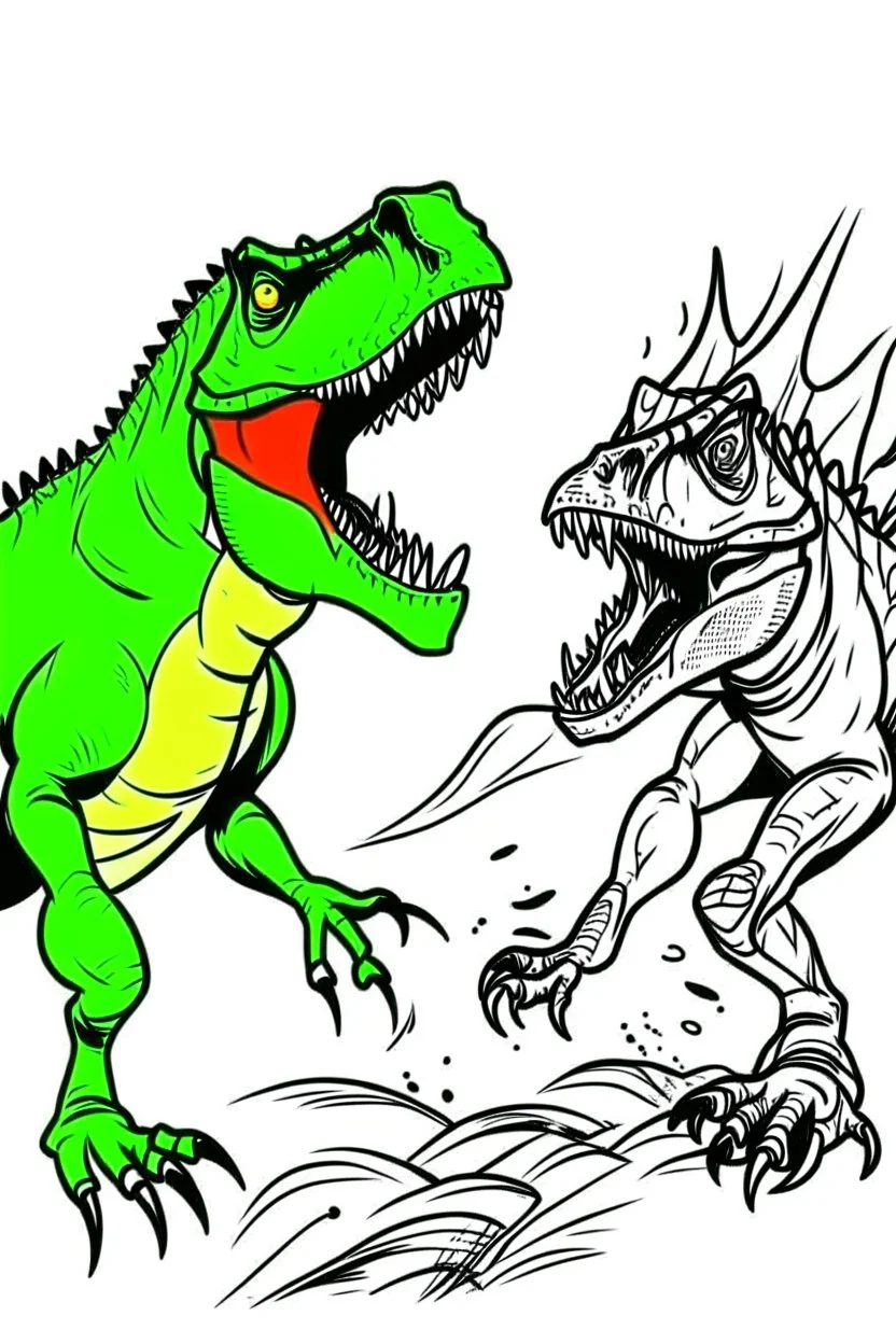 create a coloring page, white background Depict a T-Rex confronting a rival dinosaur, such as a Triceratops or another T-Rex, in a dramatic standoff over territory ink drawing clipart, simple line illustrations, colored