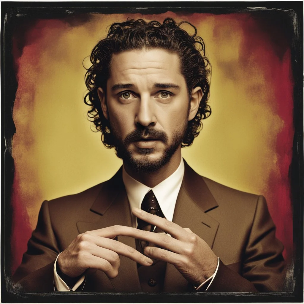 Shia LaBeouf points at Shia LaBeoufs meme, unbalanced, surreal horror, warm colors, By Dan Mahurin and Tim Burton, creepy, warm colors, weirdcore, opulent shadows, expressionism, polaroid, by Joel-Peter Witkin