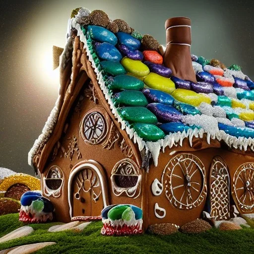 an intricate hobbit-style gingerbread house with rainbow sprinkles, frosting, crushed rock candy, 8k resolution, centered, high-quality, ultrafine-detail, digital art, flickering light, detailed matte, volumetric lighting, illustration, 3D octane render, brian froud, howard lyon, ben goossens, George Grie, greg rutowski, alphonse mucha