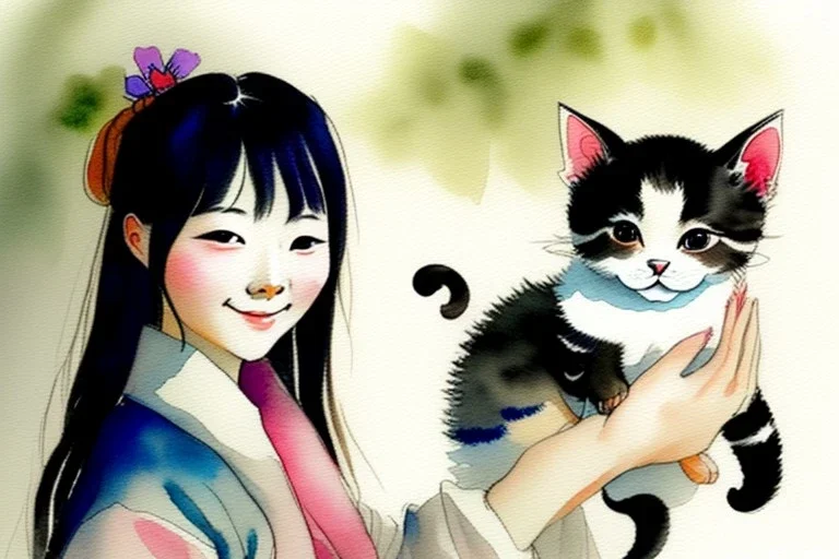 A cute smiling Korean girl is holding a kitten. Watercolour