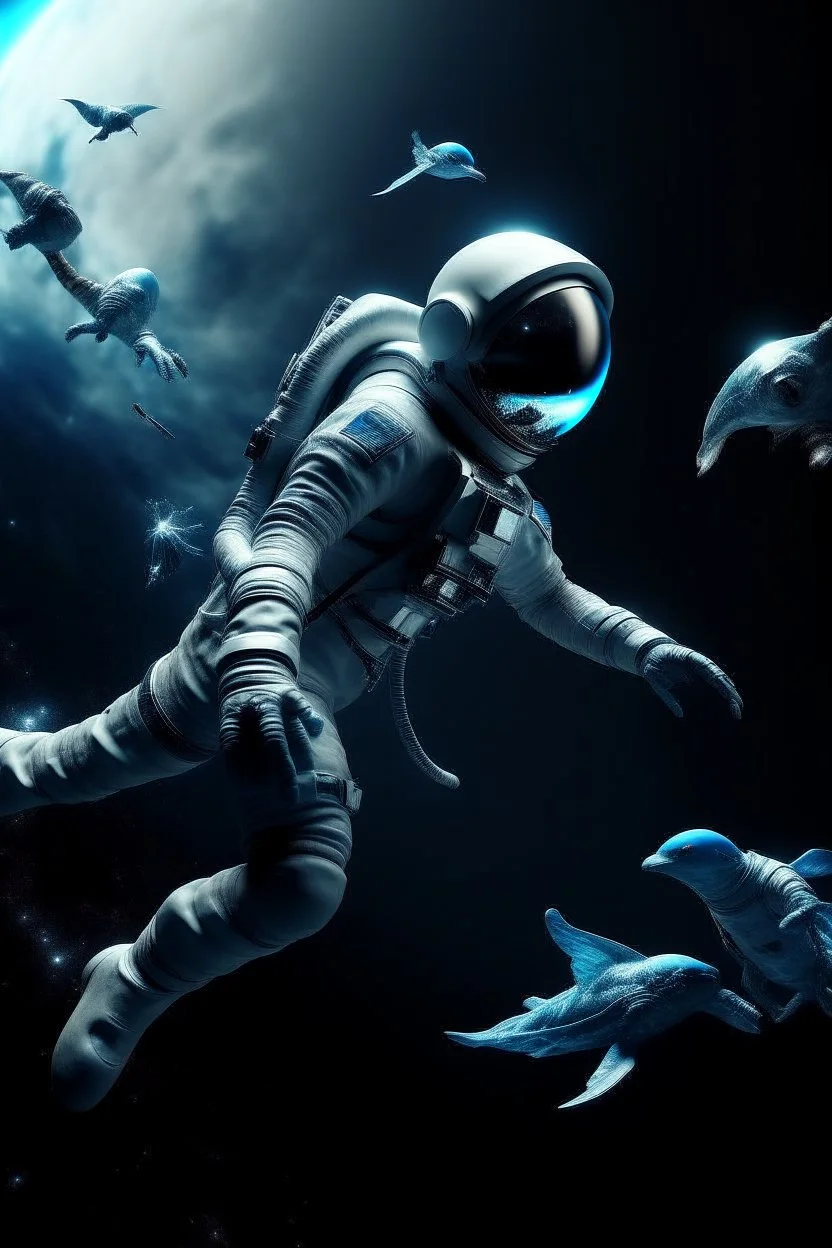 astronaut in space with flying blue alien birds runing after him