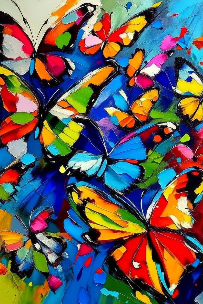 Butterflies in abstract expressionist painting in vivid colors, thick impasto brushstrokes, spontaneous drips and splatters, texture and movement, explore emotions and ideas through non-representational forms --v 5.2