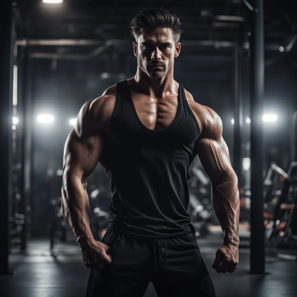 Hyper Realistic handsome muscular man in black-tank-top giving SENSUAL POSSES in a dark gym at night showing dramatic & cinematic ambiance