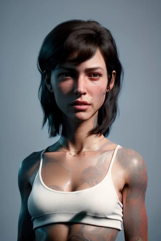 Ultra Realistic image, 25 years old brunette woman, Madrid, portrait, small stature, small chest, yakuza body tattoo, vibrant color, highly detailed, art stations, concept art, smooth, unreal engine 5, god rays, ray tracing, RTX, lumen lighting, ultra detail, volumetric lighting.