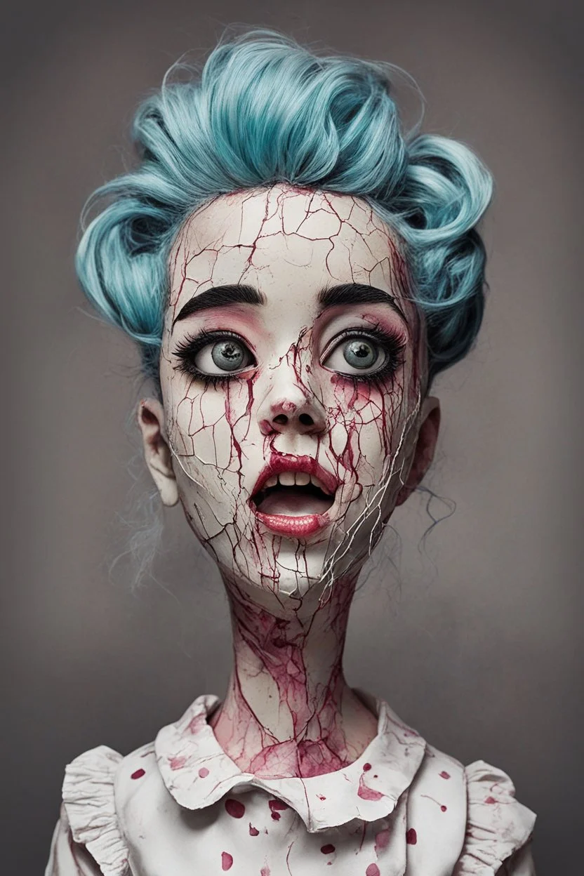 full color, illustration of a dark, menacing, Singer Melanie Martinez face, as a decayed, broken, crude homemade cloth doll toy, with a narrow cracked porcelain face, thick dark eyebrows, hair made from ragged strips of cloth, in the style of Alex Pardee, Tim Burton, and Nadya Sheremet