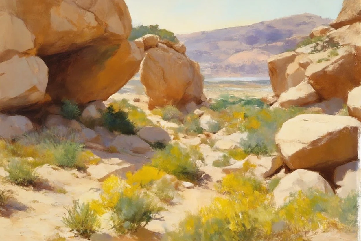 Sunny day, rocks, big rocks, vegetations, distant mountains, sci-fi, luigi chialiva, and ferdinand hodler paintings