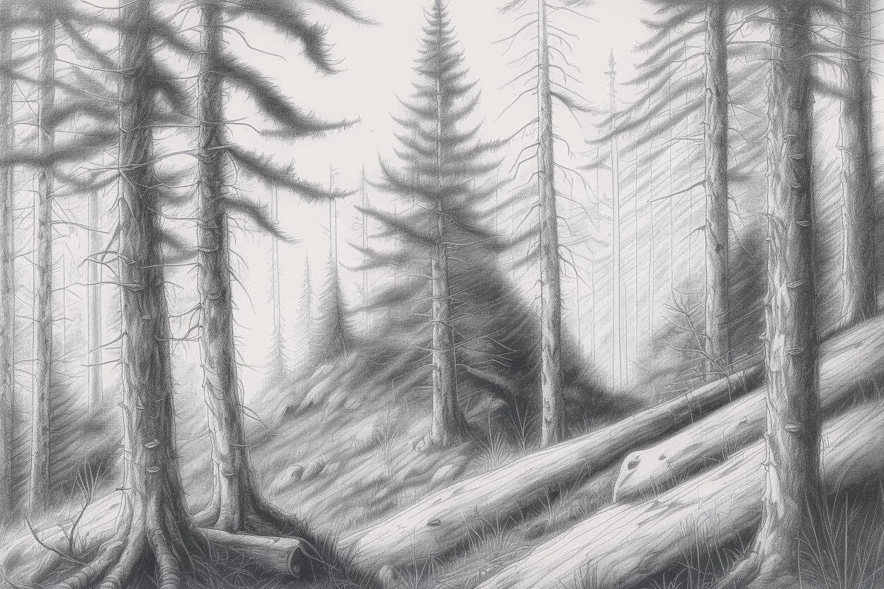 Norwegian forest, woodland- Pencil drawing, realistic, graphite