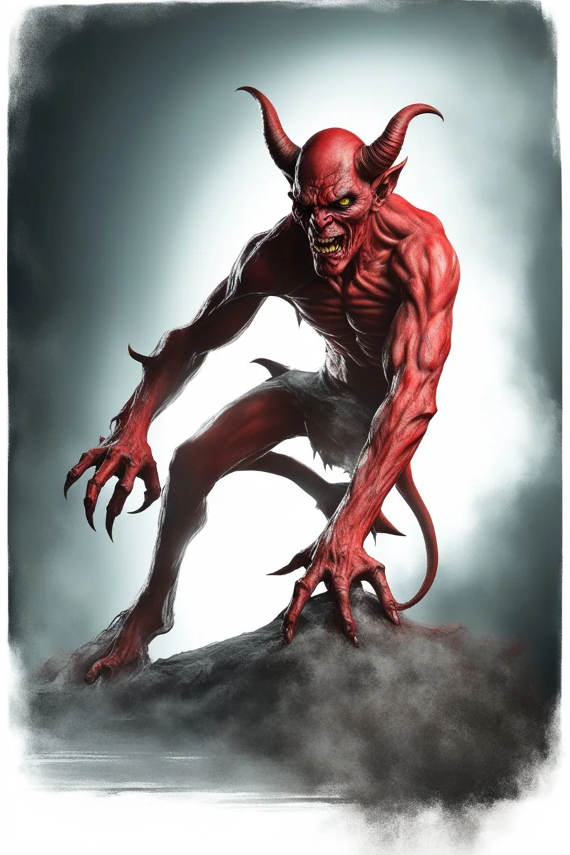 Realistic ghoulish devil leaning forward at an angle facing right, posed as if over a shoulder, red skin, horror style, no other person.