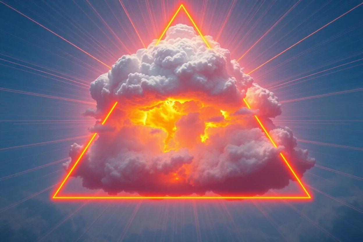 a blue nuclear explosion cloud, behind an orange glowing omega like shape, all inside an equilateral triangle opening, that is like a window to a different world, radiant lines, sci-fi fantastic
