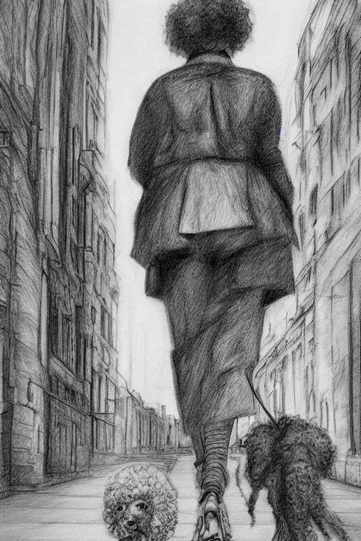 street, old lady with old poodle walking, model style, hyper realistic, accurate, delicate, extremely detailed, Graphic novel style, wide-angle, front view, open aperture, superfine pencil