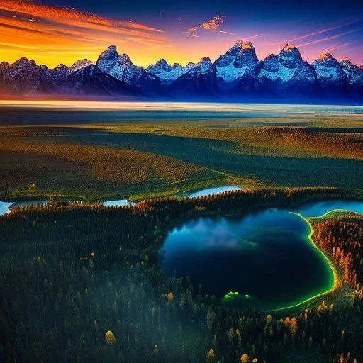 Grand Teton National Park, Wyoming,aerial view,extremely detailed digital painting, high resolution,8k, realistic, beautiful, volumetric lighting, mystical colors ,perfectly centered image, perfect composition, rim light, beautiful lighting,masterpiece, stunning scene, raytracing, anatomically correct, in the style Van Gogh and robert e howard and Ken Kelley and Ohrai Noriyoshi and Simon Bisley and tomzj1.