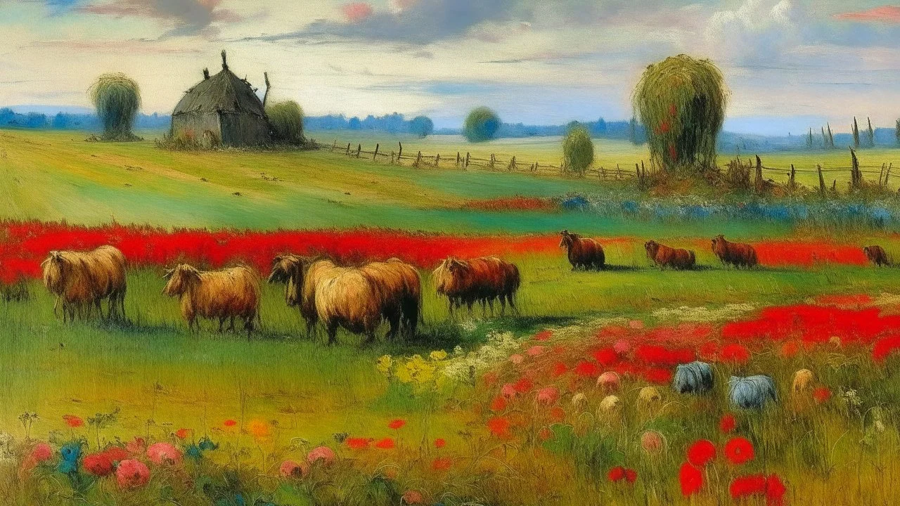 A field with haystacks, flowers, and animals painted by Claude Monet